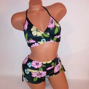 Victoria Secret PINK Swim Bikini Small Top & Bottom Black Pink Floral Wrap New
